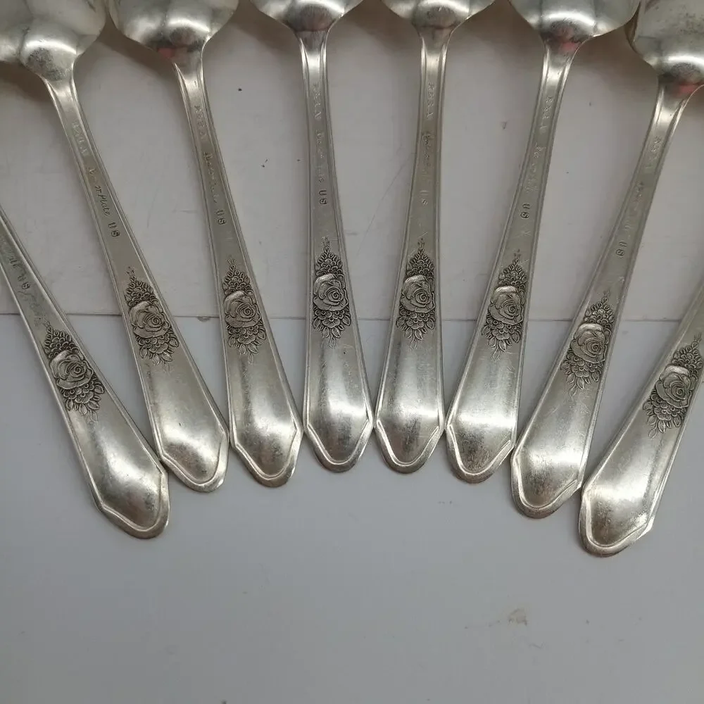 8X Tsp Vtg Manor Plate Triple Rose Rosedale Teaspoons Silverplate